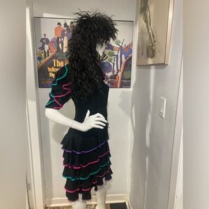 Rare Vintage 90s Dress - Black Ruffles with pink, purple and teal piping